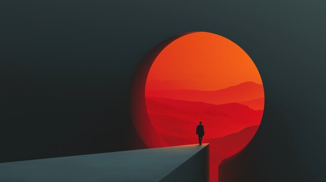Business leader standing at edge of geometric platform facing radiant red spherical portal
