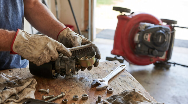 Homeowner cleaning carburetor float bowl with wire brush and wrench at garage workbench