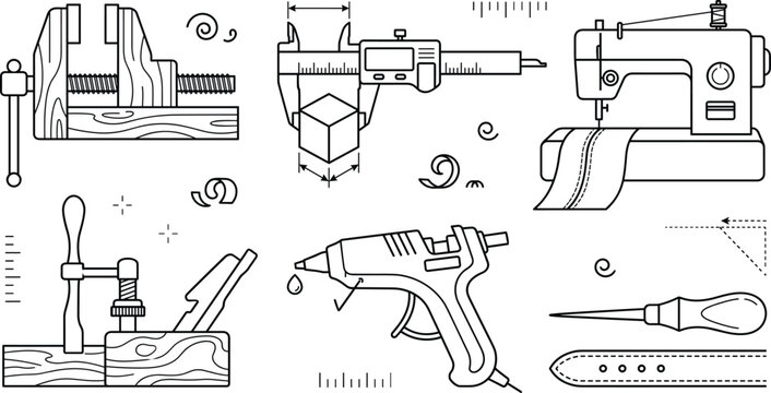 Craft workshop hand tools line art vector icons set featuring sewing machine glue gun caliper vise and plane
