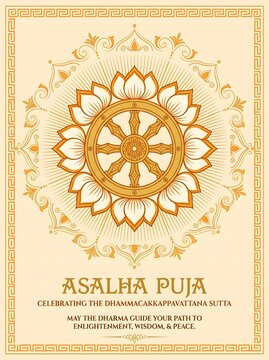 Asalha puja celebration poster with golden dharma wheel and lotus flowers on vintage background.