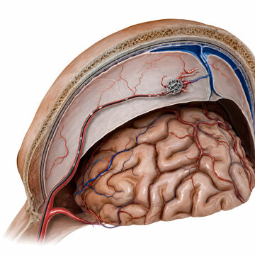 Neuroendovascular coiling procedure for brain aneurysm treatment medical illustration
