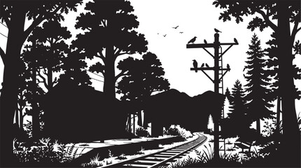 Obraz premium Black and white illustration of railroad tracks in a forest