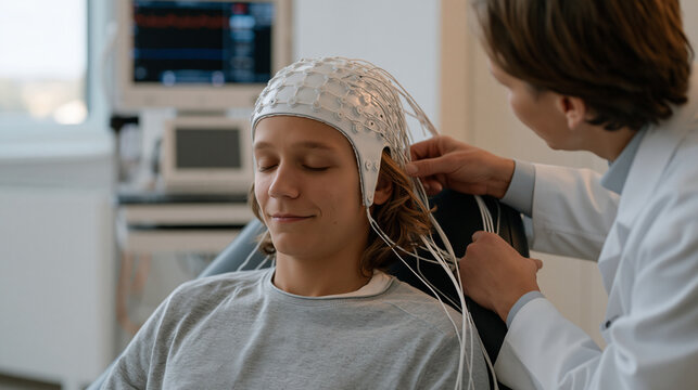 A brain computer interface researcher adjusts electrode sensor positions on a volunteer subject seated in a reclined laboratory chair, the subject calm and wired to a monitoring
