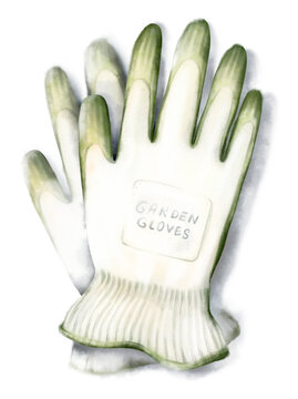 Watercolor hand drawn illustration of vintage garden gloves, soft shadow, isolated on white background. Rustic gardening accessory clipart for country decor,, garden branding, wellness blogs