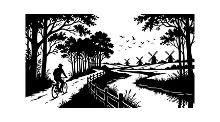 Obraz premium Black and white illustration of a person riding a bicycle along a tree lined path