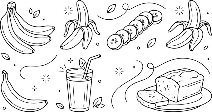 Fresh bananas and banana bread line art vector collection featuring bunch peeled fruit slices smoothie glass cake elements