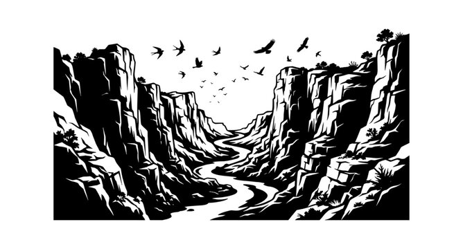 Black and white illustration of a canyon with a river