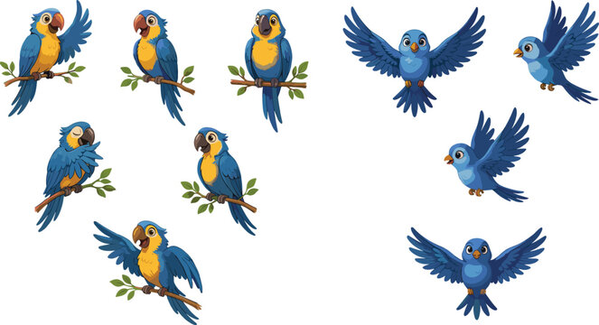 Cute blue parrot cartoon character vector set showing flying, sitting on branches, and various happy bird expressions for child illustration design.