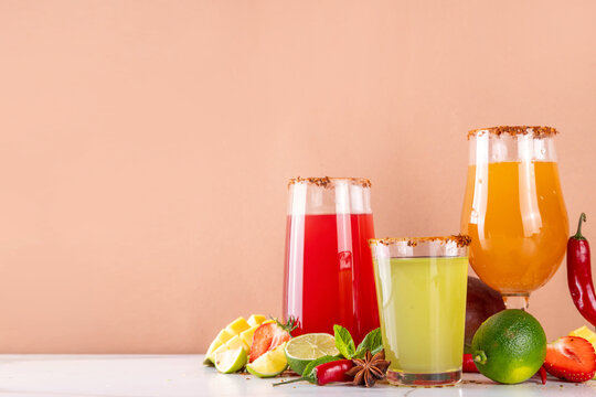 Fricy flavours bar drinks concept with three sweet and spicy cocktails