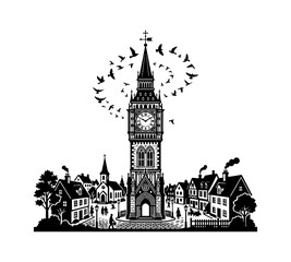 Obraz premium Black and white illustration of big ben london with flying birds