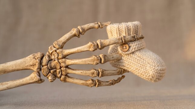 Human skeleton hand holding a small knitted baby bootie as a symbol