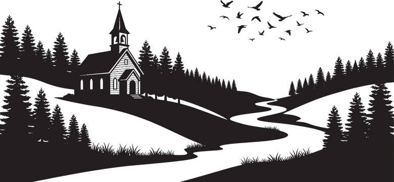Black silhouette of church and trees by winding river