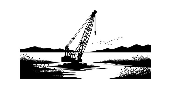 Black silhouette of a crane on a body of water with hills