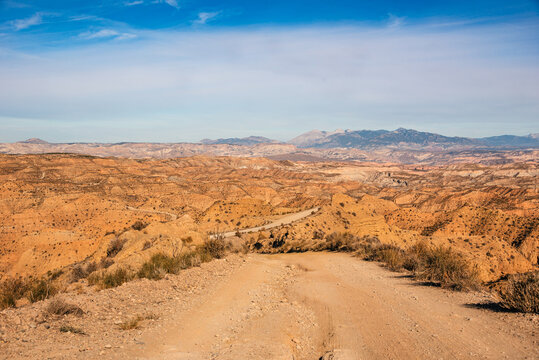 Winding paths across the Gorafe Basin highlight the unique landscape of one of Europe's largest desert regions in Spain