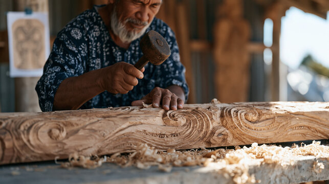 Maori woodcarver in open workshop chisels intricate koru pattern into kauri timber, mallet raised, curling shavings on concrete floor, traditional design reference pinned to post,
