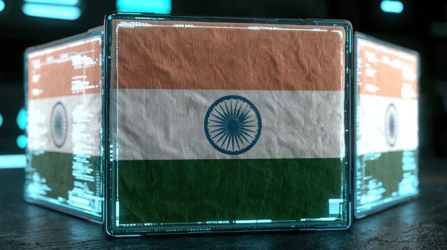 Indian flag displayed on futuristic glowing digital cubes