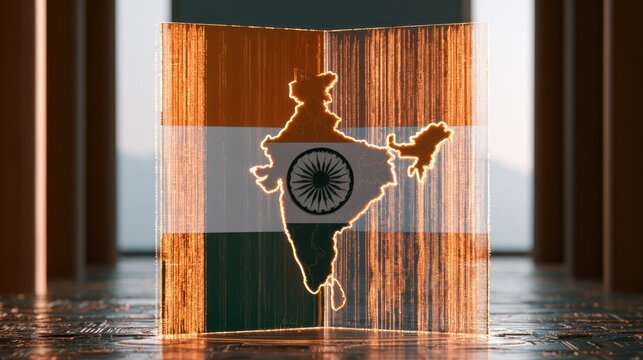 Indian flag map made of glowing fiber optic lines.
