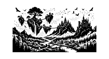 Obraz premium Black and white illustration of a spooky forest with bats