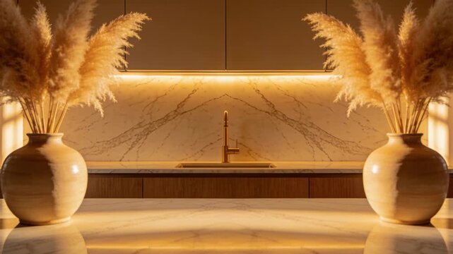 Swaying ceramic vases with beige pampas grass on marble island, left sun and LED causing shadows