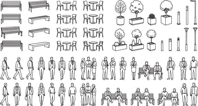 Architectural site plan entourage set with people benches street furniture and trees in black line art style