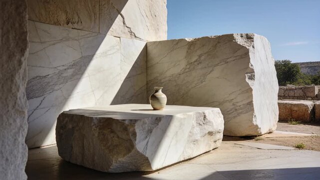 Panning camera revealing pale ceramic vase on marble slab at quarry, showing wider view and shadow