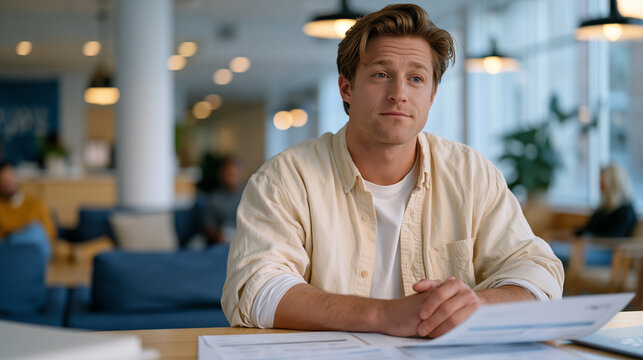 mortgage applicant sitting alone at a bank branch desk staring at a printed rate sheet, hands clasped tightly, sparse waiting area visible behind, financial stress, interest rate