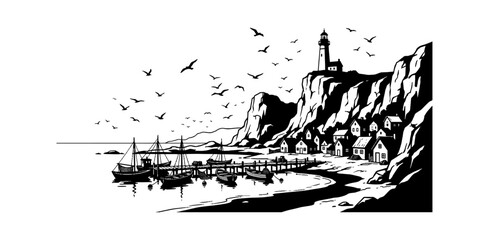 Obraz premium Black and white illustration of a seaside town with a church on a hill