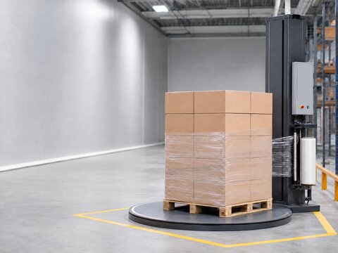 Automated pallet wrapping station securing blank shipping cartons
