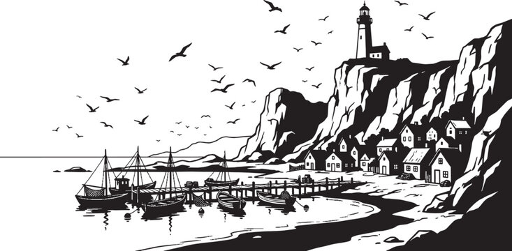 Black and white illustration of a seaside town with a church on a hill