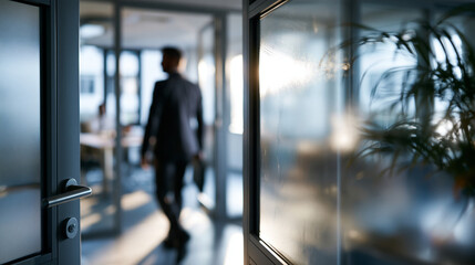 Fototapeta premium Through frosted glass, the defocused outline of a businessman in a suit enters a bright conference room, anonymous professional, corporate meeting, office privacy, executive arrival, modern
