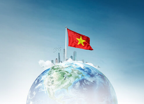 Vietnam flag waving on globe with skyline. A concept showing prosper. Flag proudly waving on globe.  Vietnam national flag for independence day.