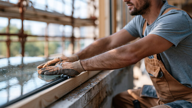 glazier pressing a large glass panel into a wooden frame on a rain soaked construction site, forearms taut with effort, safety gloves gripping the edge, puddles reflecting