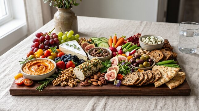 Vegan grazing platter with assorted crackers, cheese, and vegetables on a wooden board for healthy sharing