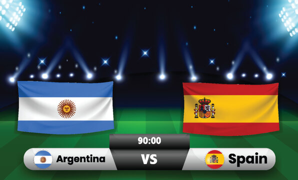 argentina vs spain football final match 2026 template with illustration national flags stadium glowing lights and soccer board 