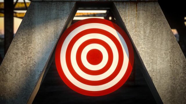 Shifting sunlight sweeping through top gap onto red target amid triangular supports, showing rust