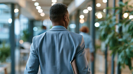 Fototapeta premium Dynamic rear view of a cheerful Black manager walking through a bright office while carrying a digital tablet, face turned away, tailored suit, confident stride, workplace mobility,