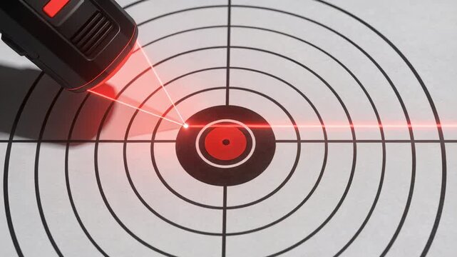Activating black laser pointer projecting thin red line and dot marking bullseye center on tabletop