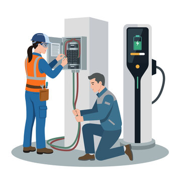 Electricians Installing and Wiring EV Charging Station