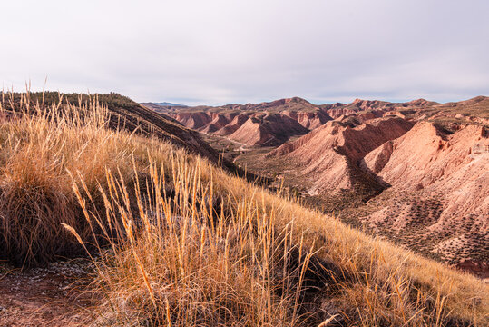 Golden grass grows on hills and canyons with red layers in Gorafe Desert of Granada Province, Spain, showing natural rock formations and textures