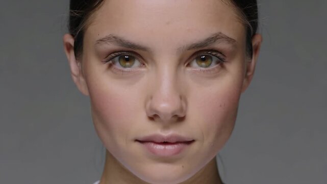 Blinking female model holding neutral expression for camera test in studio, showing face, white top