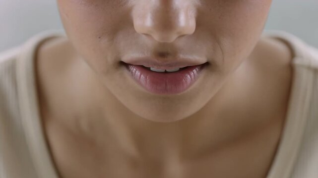 Puckering lips adult female reacting to camera cue and vocalizing at studio wearing beige tank top