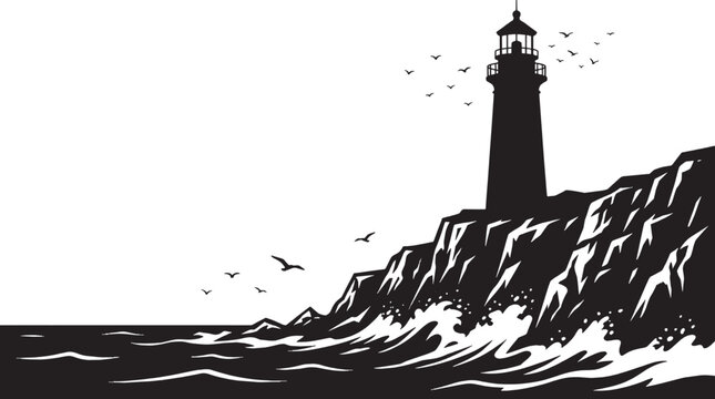 Black lighthouse on rocky cliff by sea with waves and birds