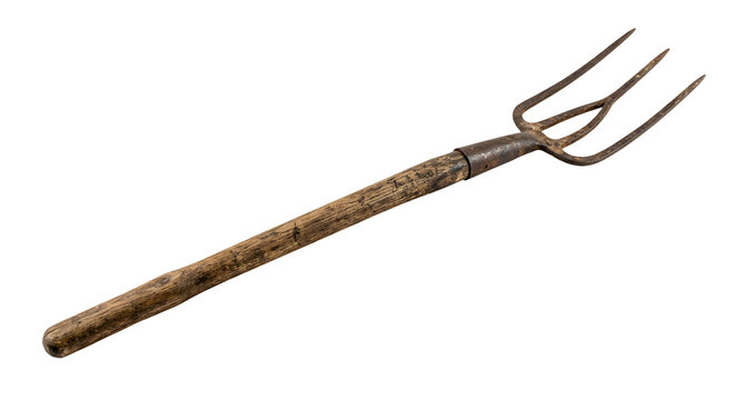 Old farm pitchfork, isolated on transparent or white background