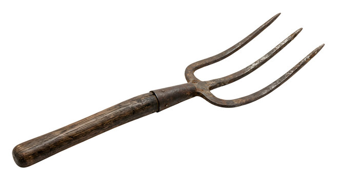 Old farm pitchfork, isolated on transparent or white background
