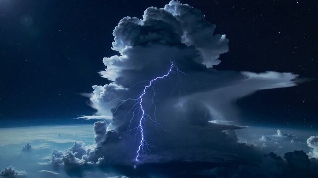 Rising cumulonimbus starting anvil discharge, discharging with forking lightning above limb, stars