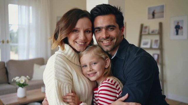 Smiling family hugging in living room, camera recording for portrait, child striped, sofa visible