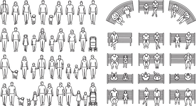Set of architectural vector silhouettes featuring people walking with pets and sitting on park benches