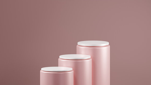Three Peach Bud colored cylindrical podiums are arranged in a horizontal row. The steps of the Peach Bud colored metallic podium