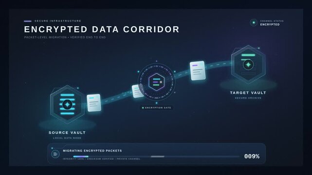 Encrypted data corridor dashboard interface with secure packet migration transfer