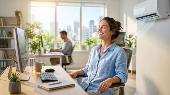 Smiling businesswoman enjoying cool air from air conditioner in modern office. Woman relaxing at desk feeling relief from summer heat